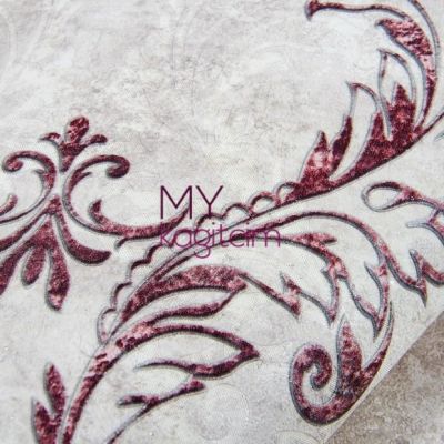 Damask Çiçekli Bordo Gri Vinil Duvar Kağıdı Grace Velour 91177-5
