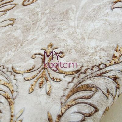Damask Çiçekli Kahve Bej Vinil Duvar Kağıdı Grace Velour 91177-3