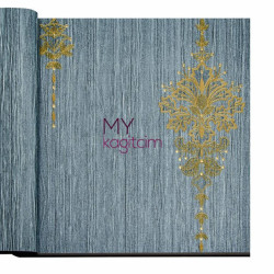 Decowall Crown 16,5 m² - Damask Desen Yerli Duvar Kağıdı Altin Desenli Mavi Crown 4401-01