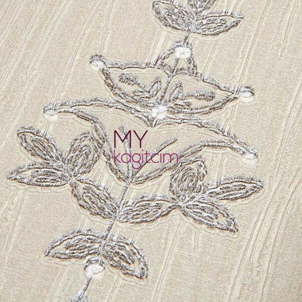 Damask Desen Yerli Duvar Kağıdı Krem Gri İslemeli Crown 440104