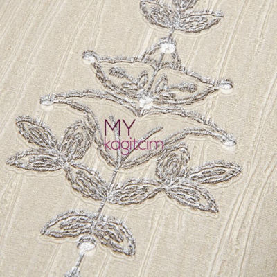 Damask Desen Yerli Duvar Kağıdı Krem Gri İslemeli Crown 4401-04