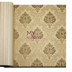 Decowall Crown 16,5 m² - Damask Desen Yerli Duvar Kağıdı Krem Kahve Altin Sarisi Simli Crown 4412-01