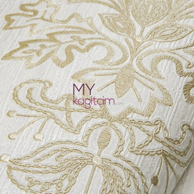 Damask Desen Yerli Duvar Kağıdı Simli Acik Krem Crown 4401-02