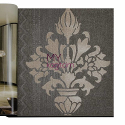 Damask Desen Yerli Duvar Kağıdı Simli Koyu Kahve Crown 4403-01 - Thumbnail