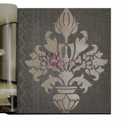 Damask Desen Yerli Duvar Kağıdı Simli Koyu Kahve Crown 4403-01