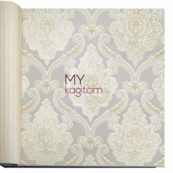 Decowall Lucca 10 m² - Grili Mavili Krem Damask Vinil Duvar Kağıdı Lucca 9907-05