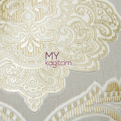 Grili Mavili Krem Damask Vinil Duvar Kağıdı Lucca 9907-05