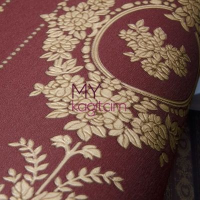Saray Damask Bordo Altın Duvar Kağıdı Gordion 2608-4