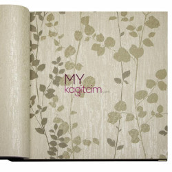 Tasarim Yerli Duvar Kağıdı Kemik Rengi Yeşil Yaprak Desen Crown 4406-03 - Thumbnail