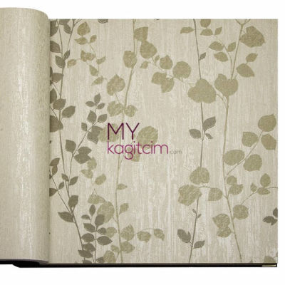 Tasarim Yerli Duvar Kağıdı Kemik Rengi Yeşil Yaprak Desen Crown 4406-03