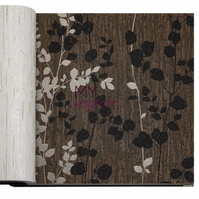 Tasarim Yerli Duvar Kağıdı Yaprak Desenli Koyu Kahve Crown 4406-02